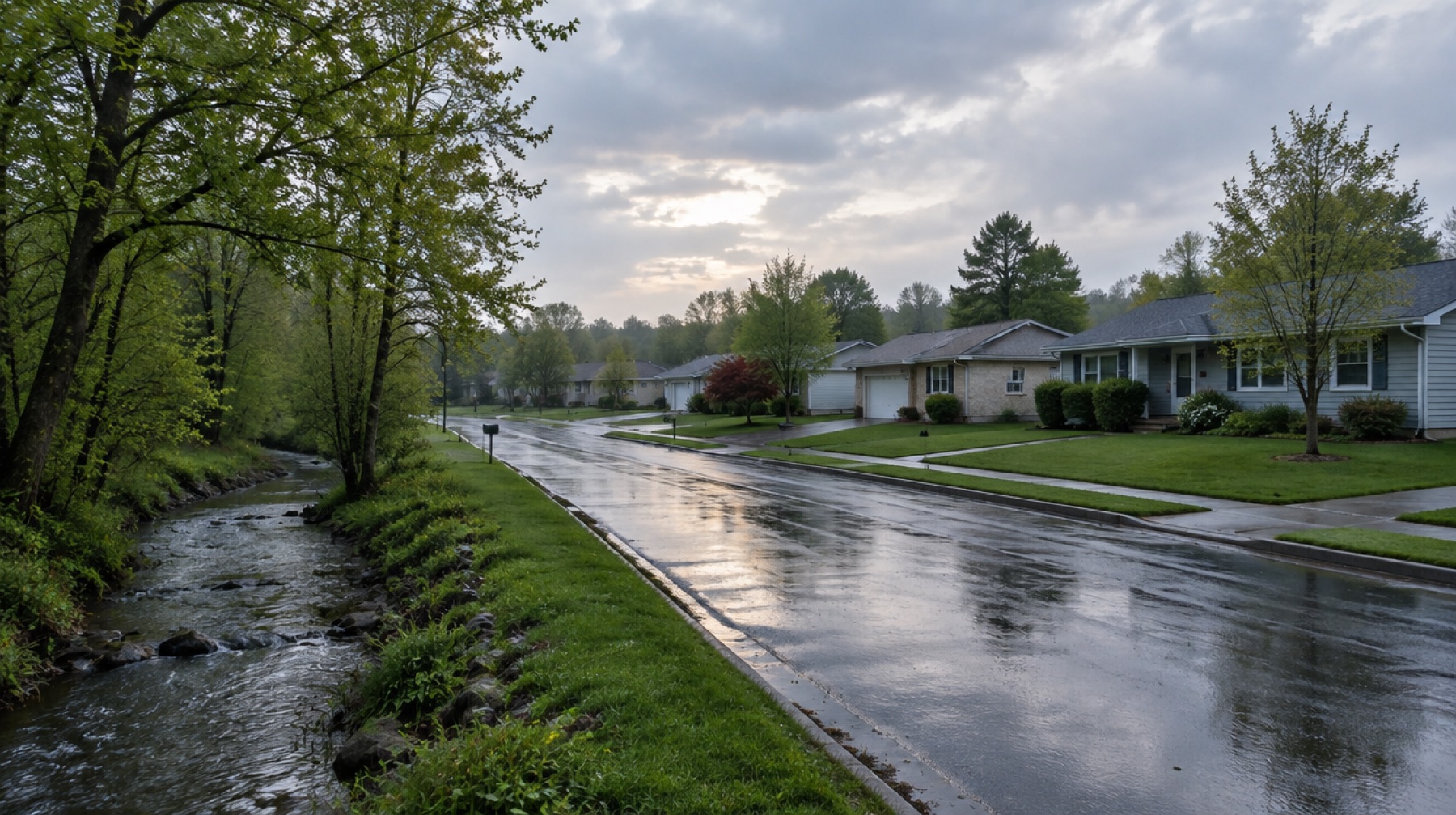 Suburban street beside a small creek after a rain shower
