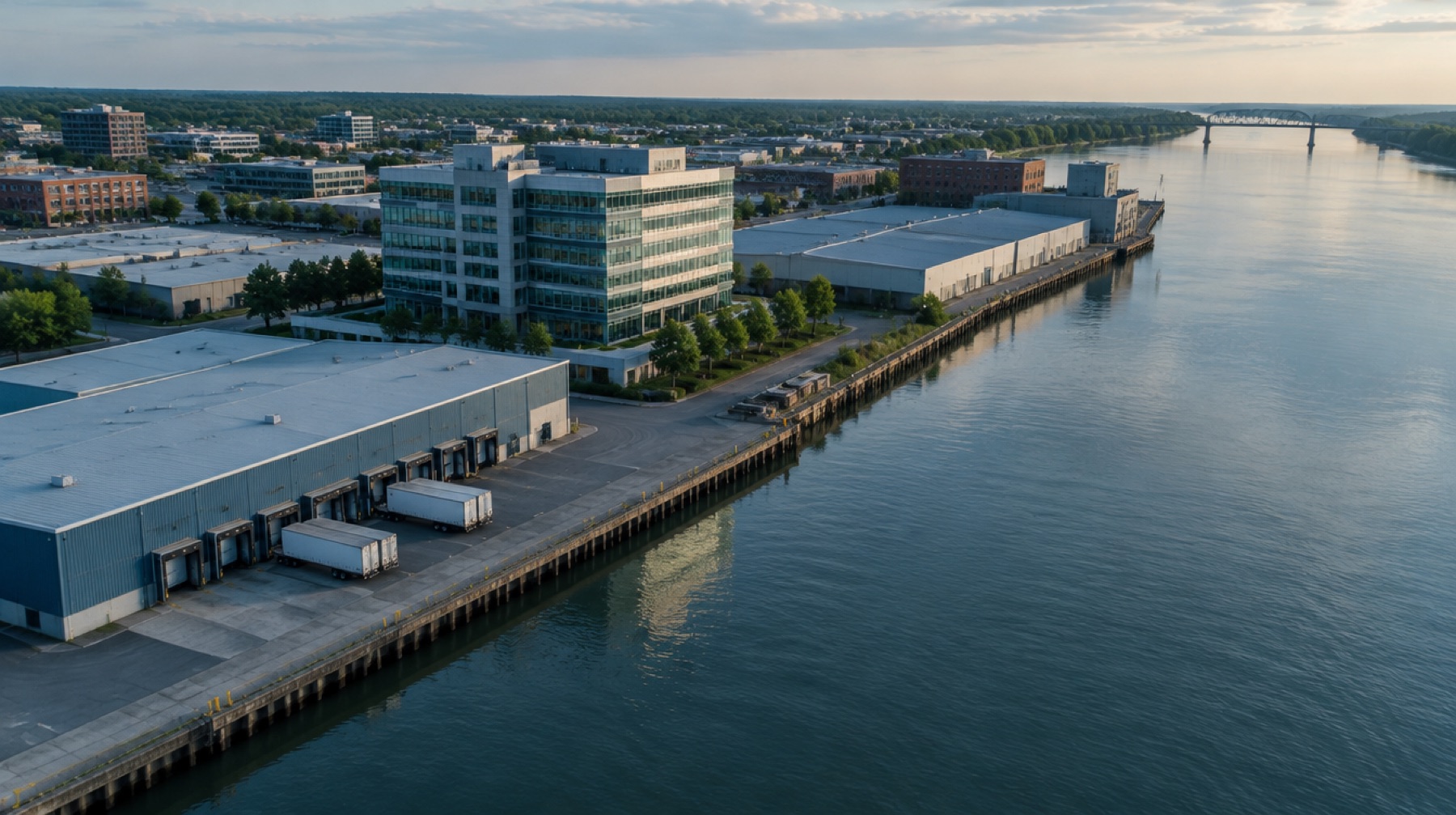 Aerial view of warehouses and an office building along a wide river