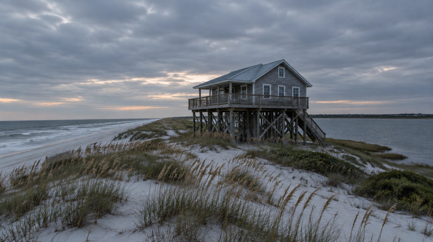 Beach house on tall pilings on a barrier island dune