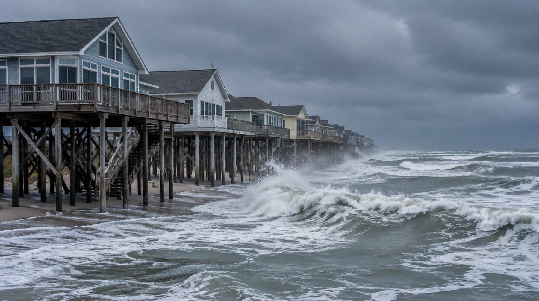 Elevated beach houses on pilings facing storm waves