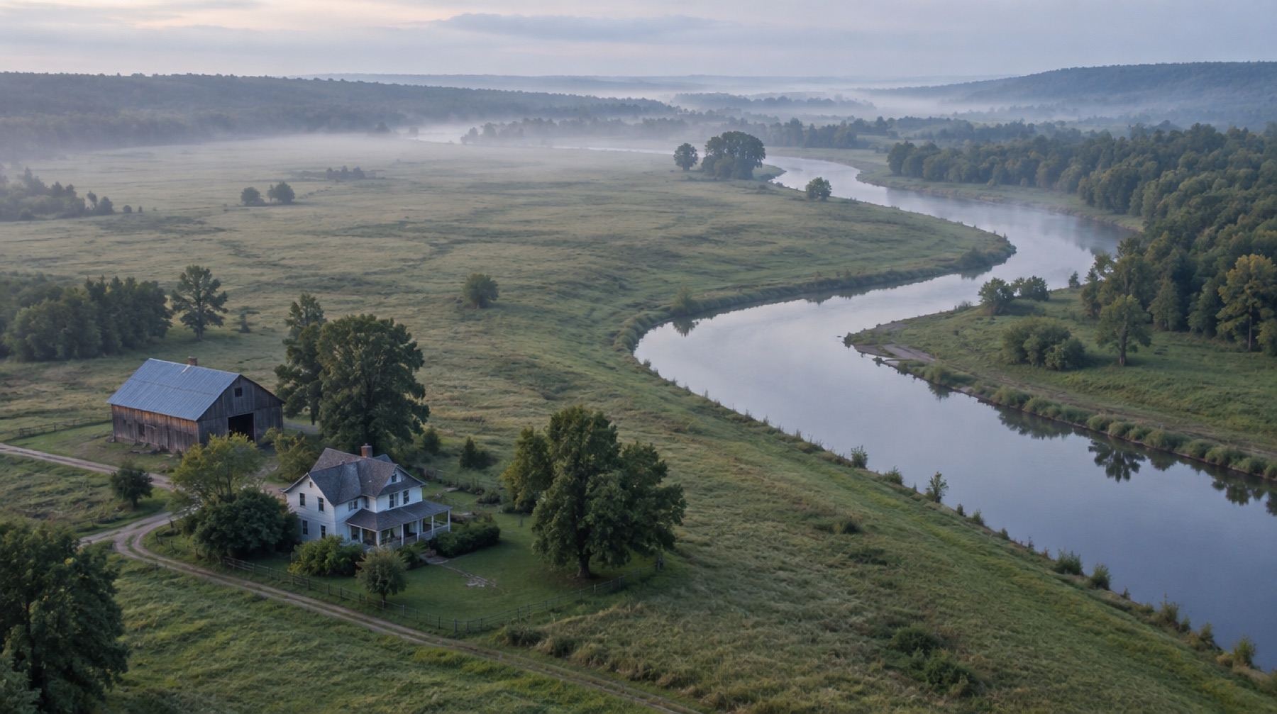Rural home and barn beside a winding river floodplain