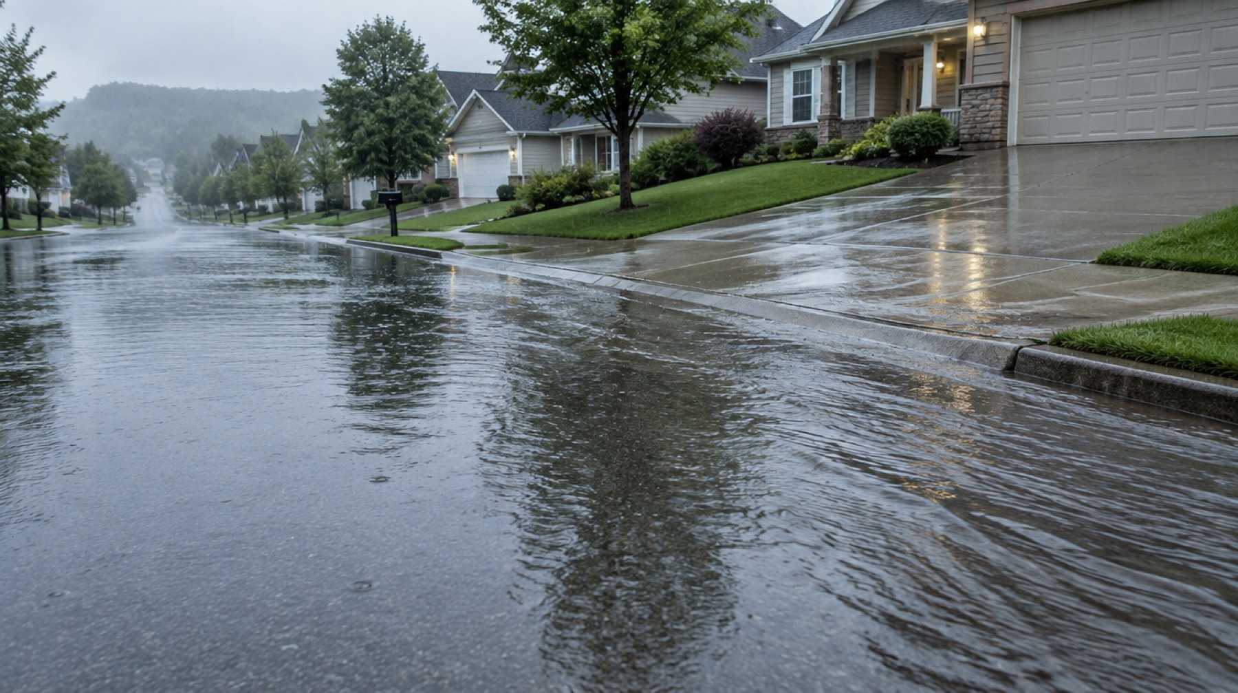 Shallow rainwater flowing down a sloped residential street