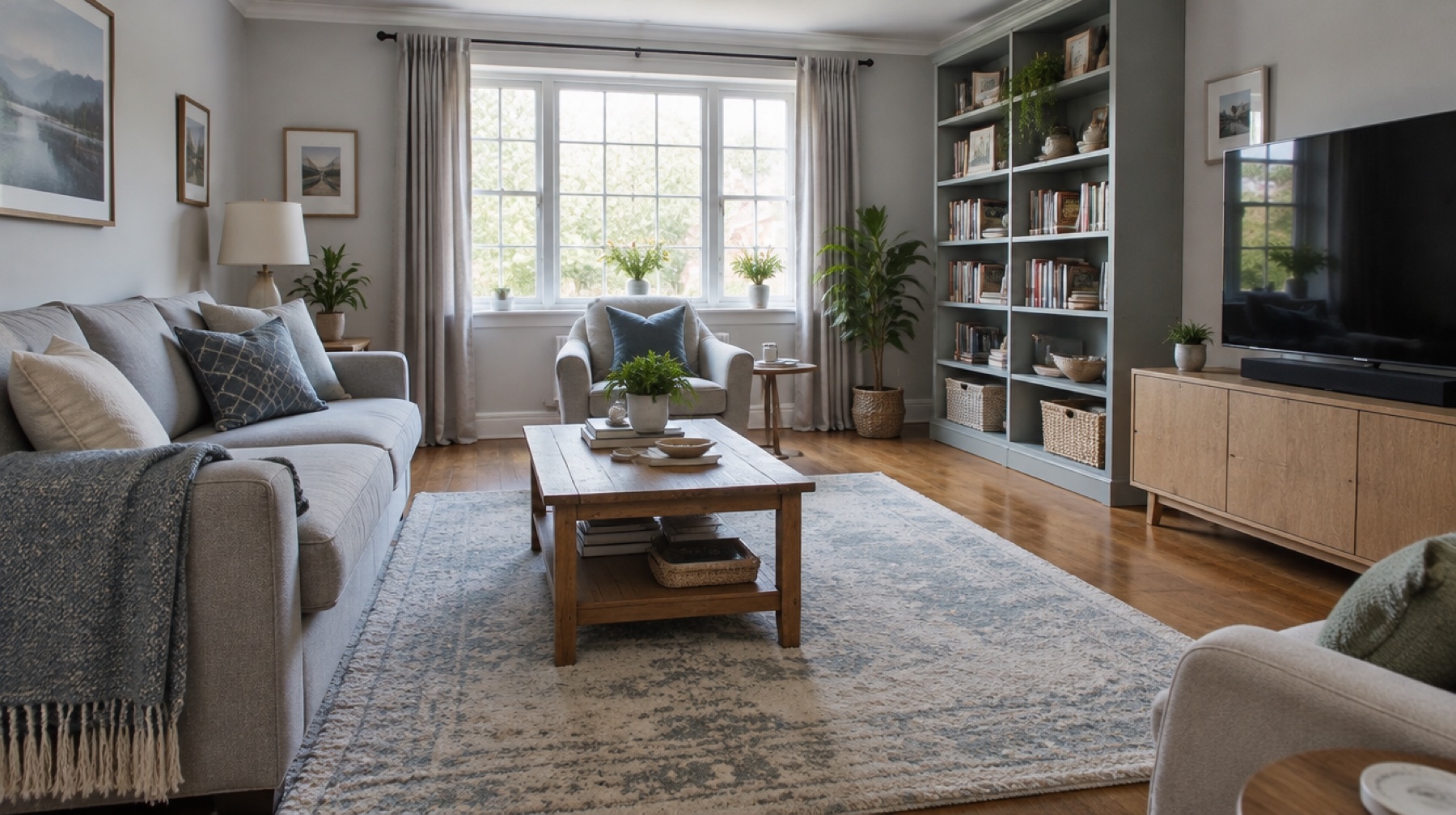 Bright living room with a sofa, rug and bookshelves