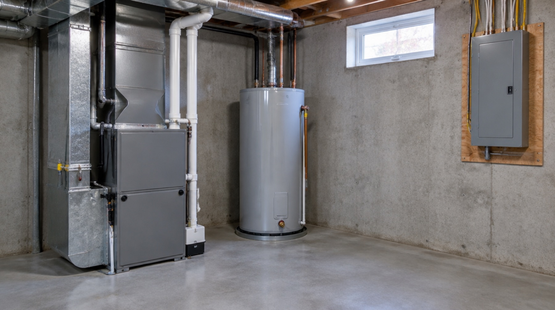 Basement utility area with a furnace, water heater and electrical panel