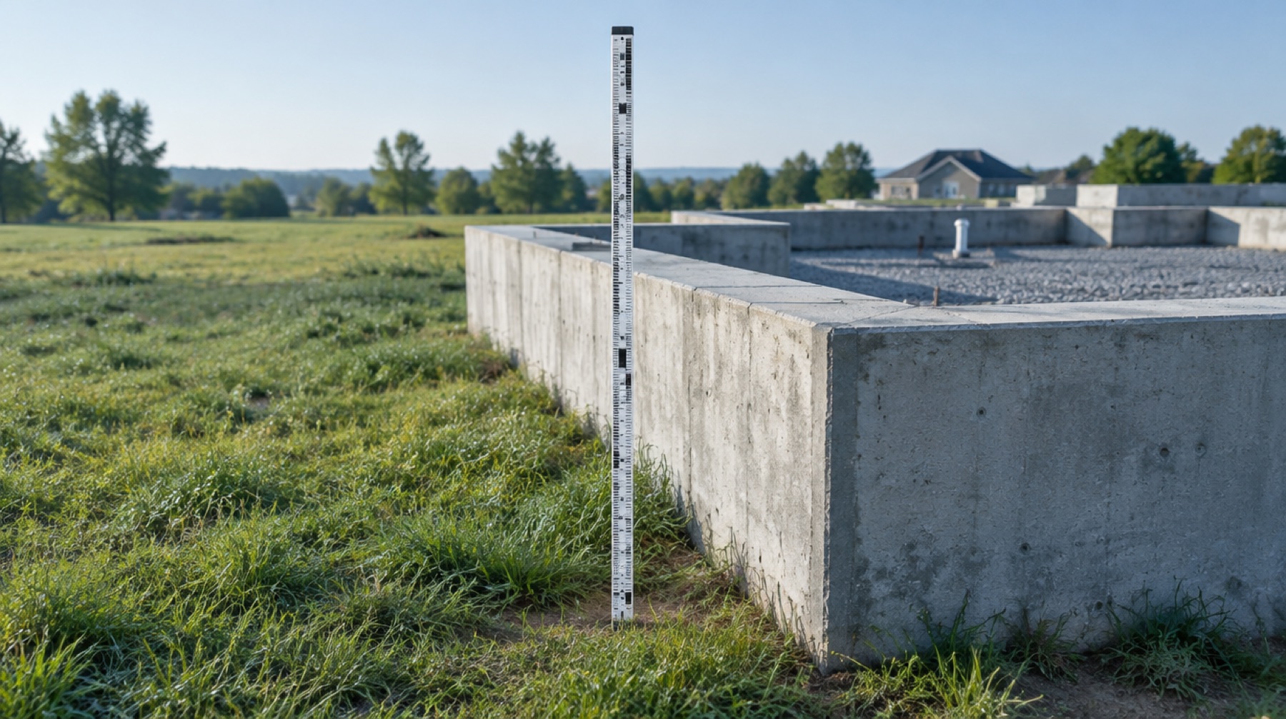 Surveyor's leveling rod beside a new raised concrete foundation