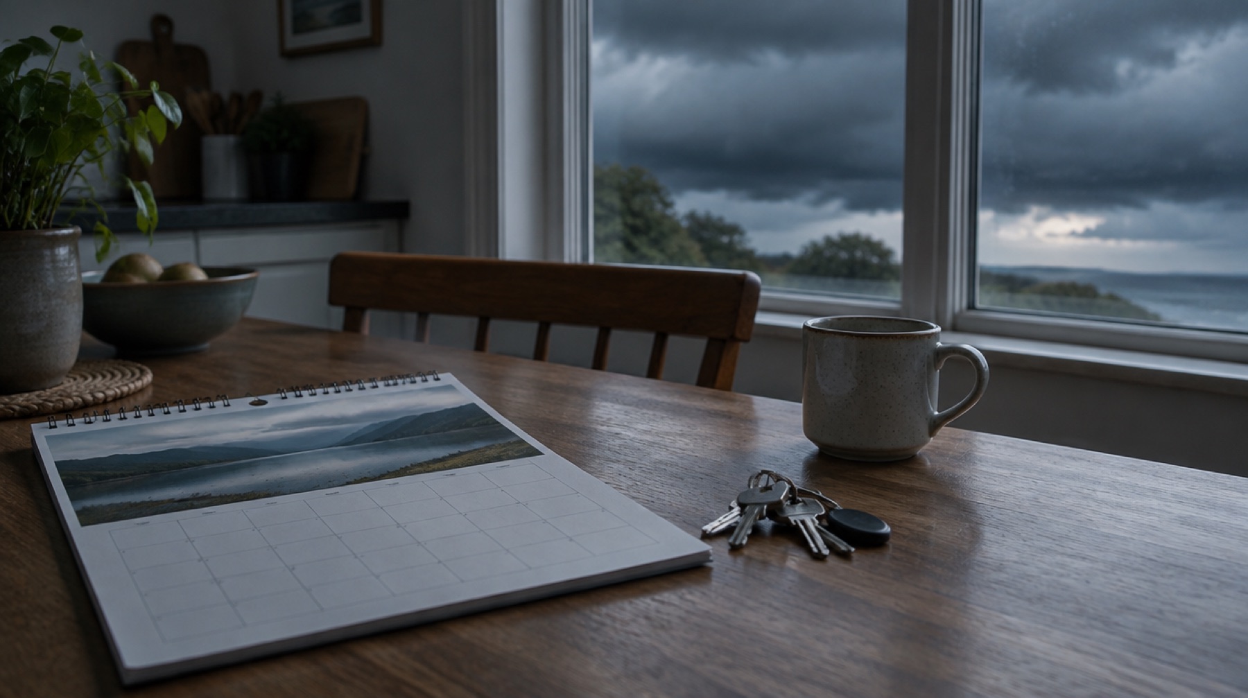 Calendar and house keys on a kitchen table with storm clouds outside