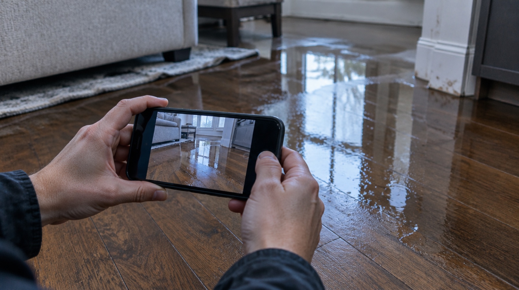 Hands photographing a wet hardwood floor with a smartphone