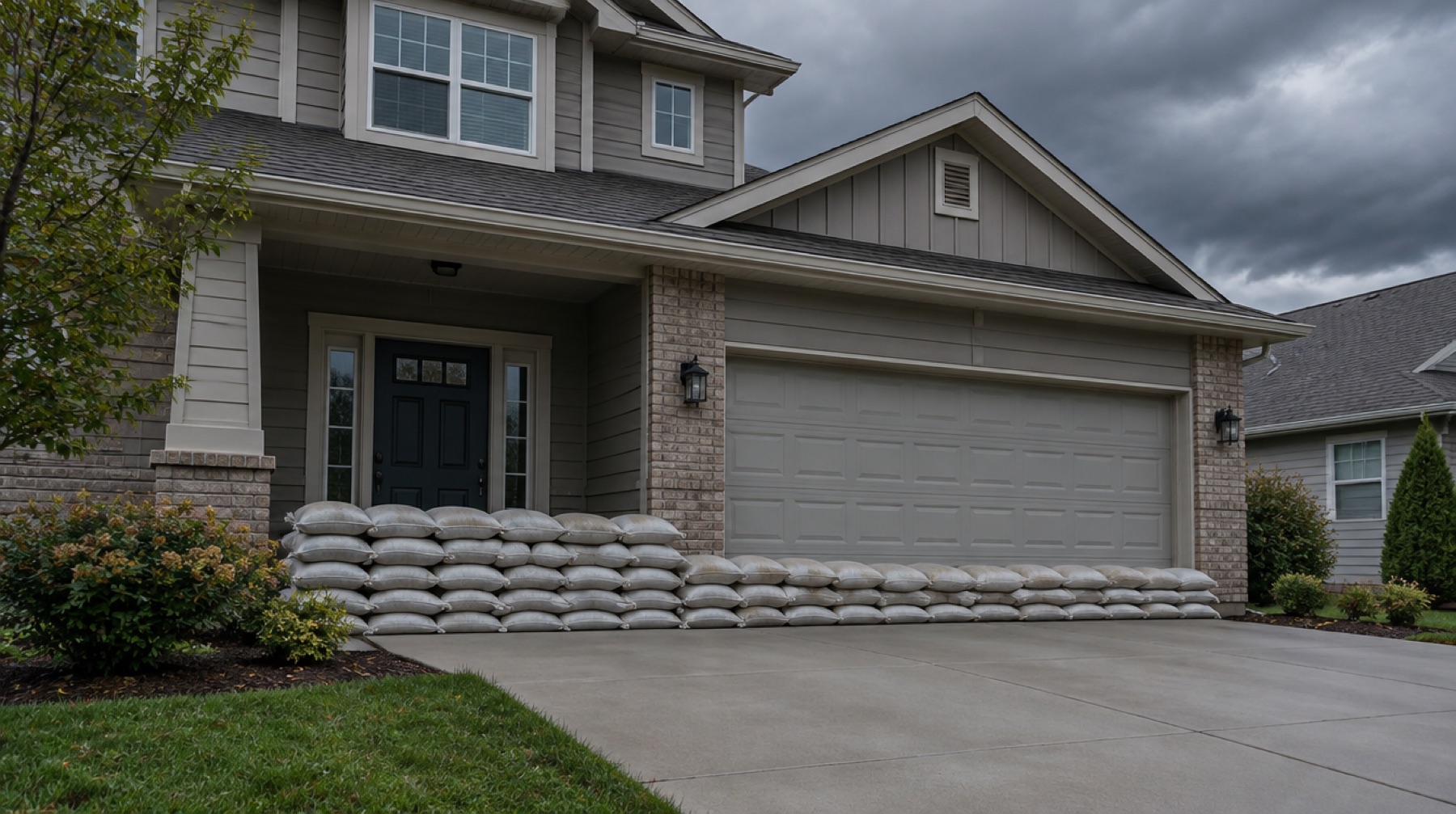 Sandbags stacked in front of a home's door and garage