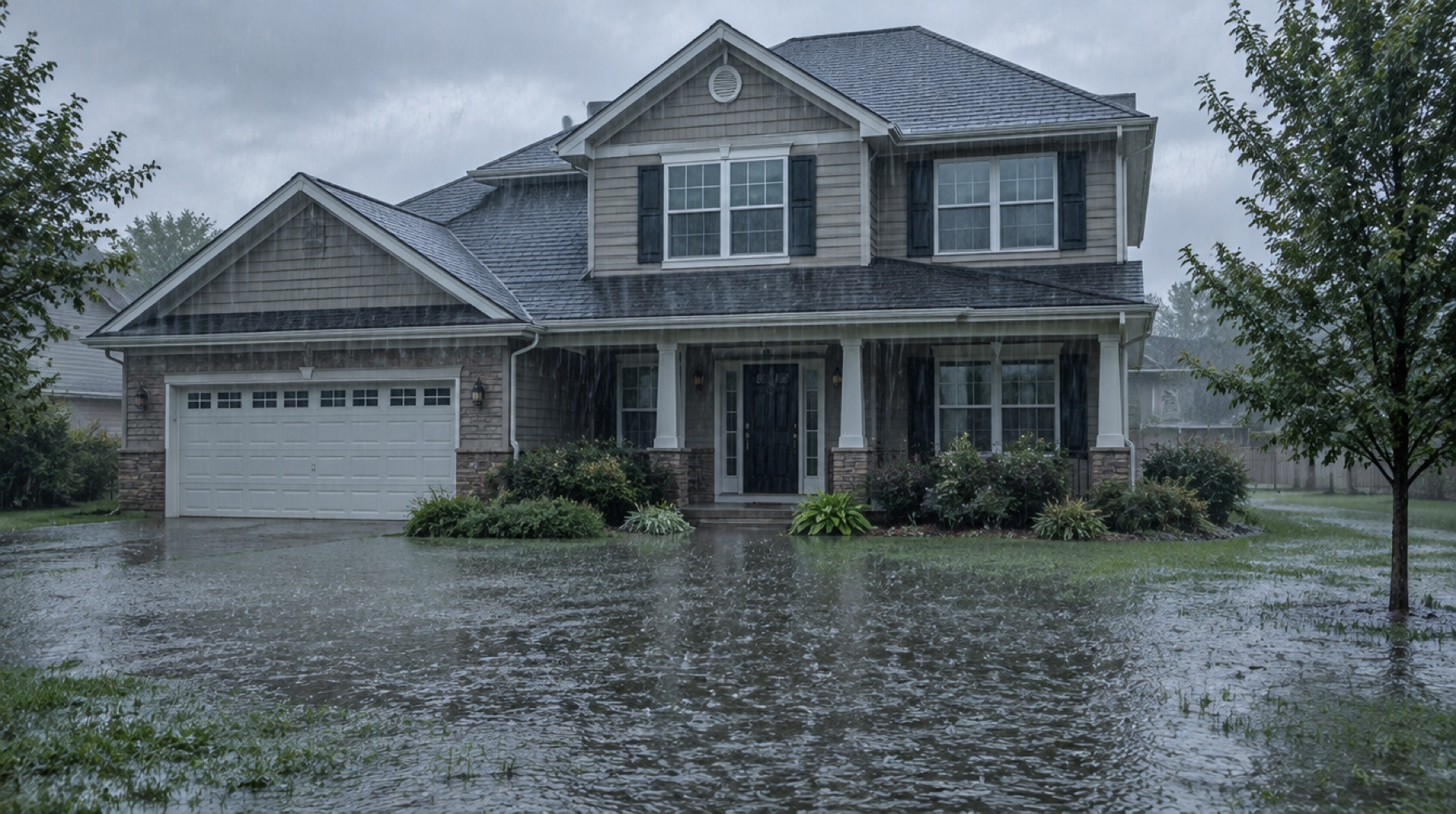 Heavy rain with water pooling on the front lawn of a suburban house