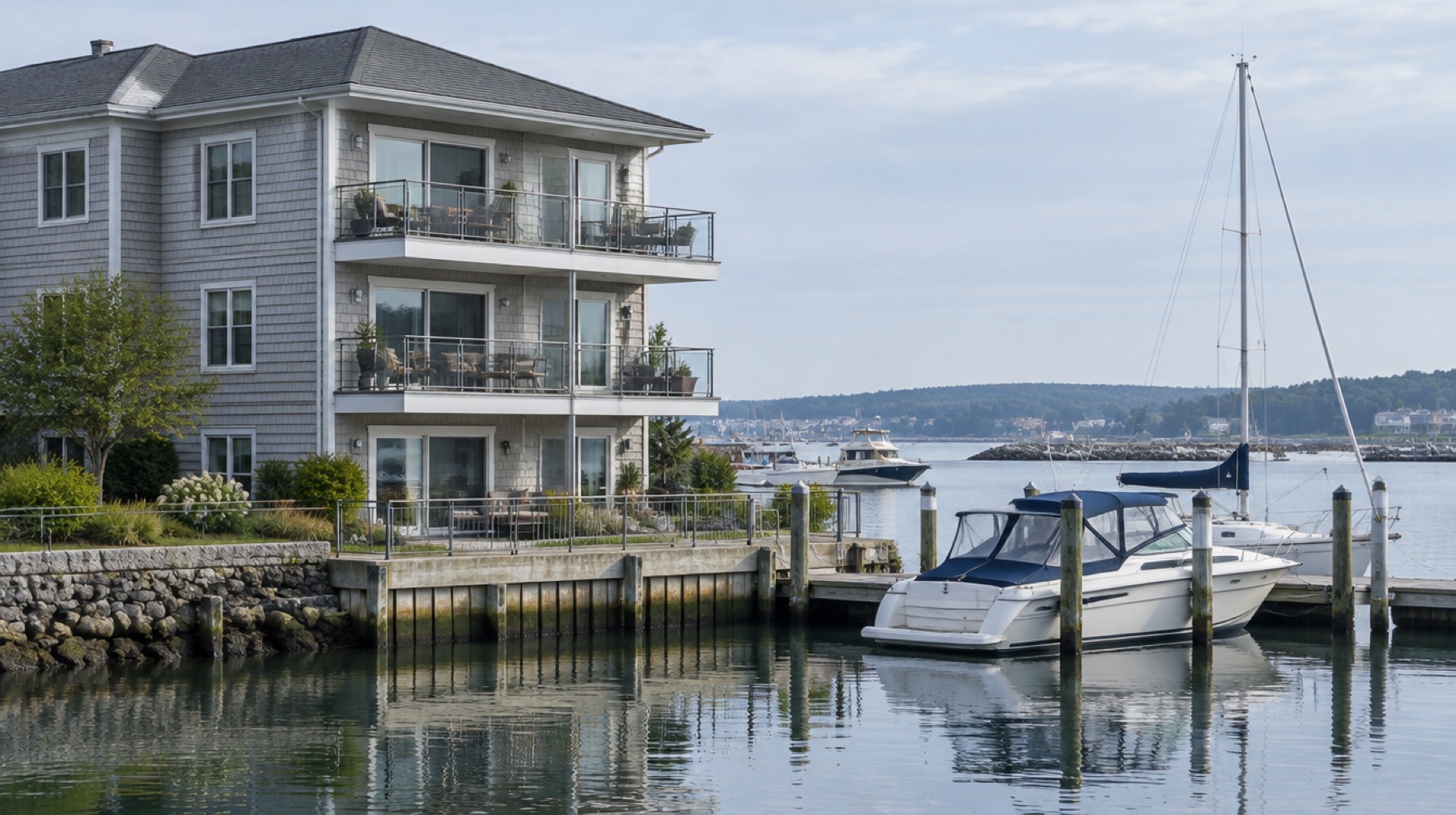 Waterfront apartment building beside a harbor with docked boats