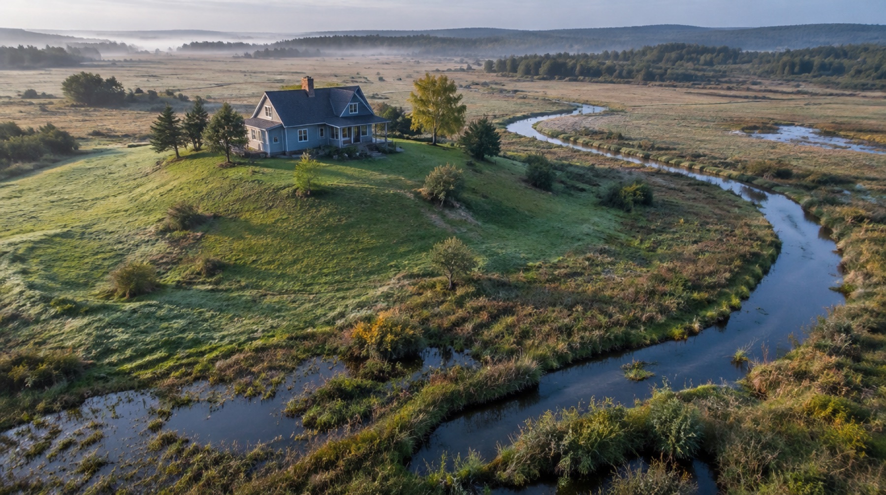 House on a grassy knoll above a low meadow and stream